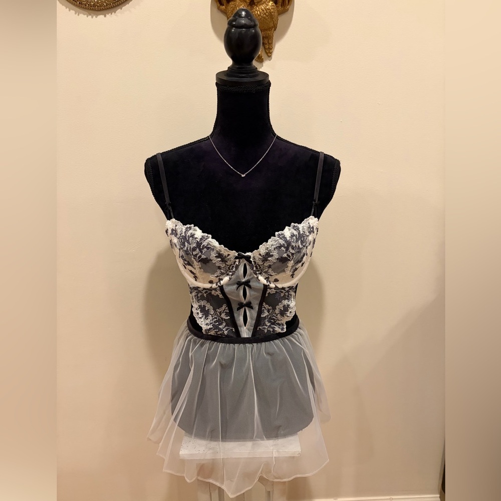Victoria's Secret Black and Cream Lace Bralette with Apron